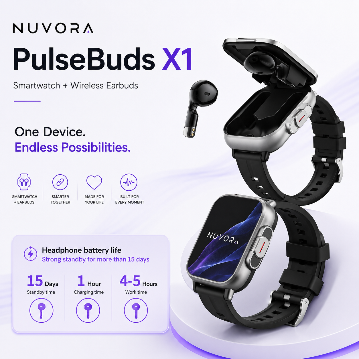 Nuvora PulseBuds X1 Smartwatch with TWS Wireless Earbuds gallery thumbnail