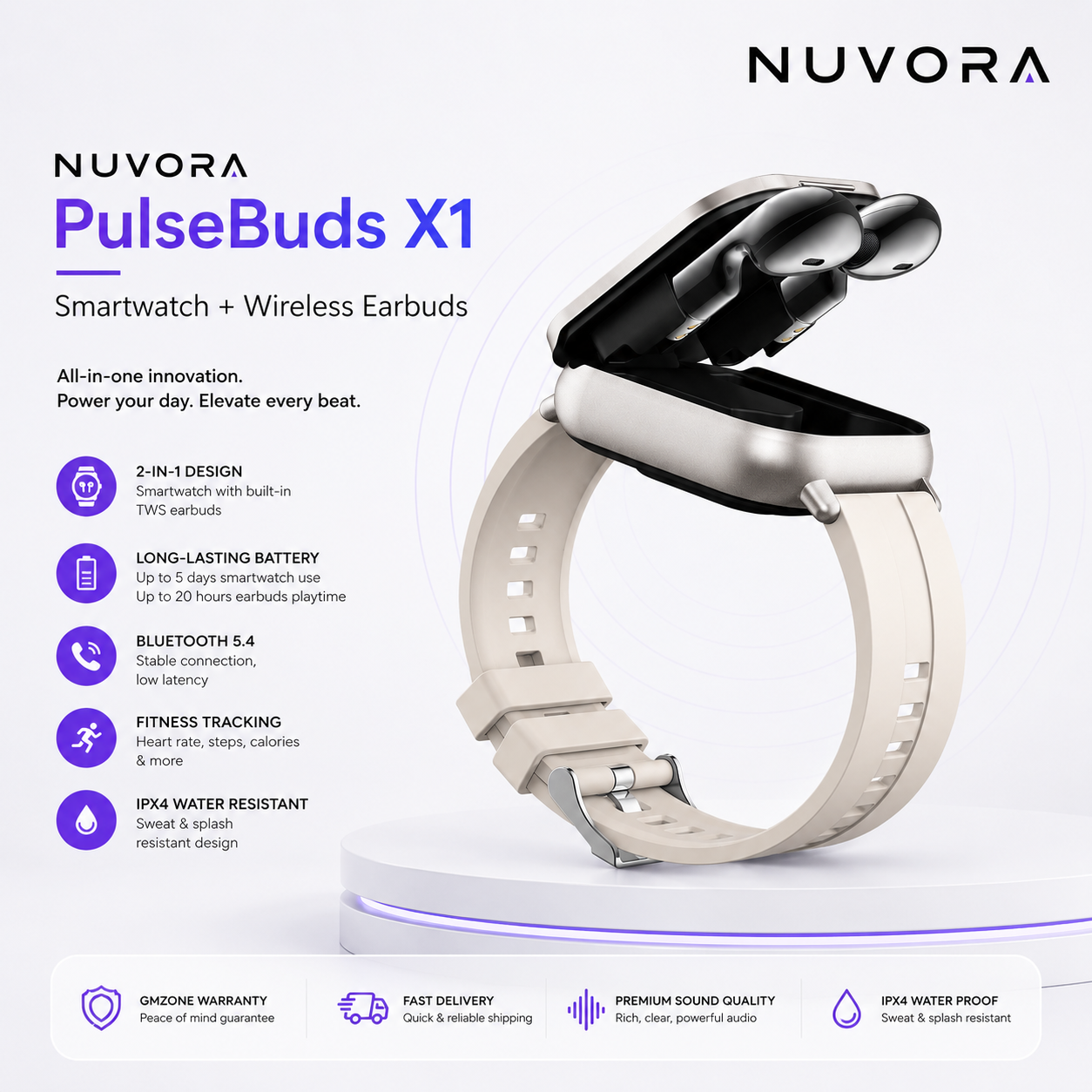 Nuvora PulseBuds X1 Smartwatch with TWS Wireless Earbuds gallery thumbnail
